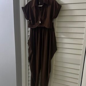 Lizette Collection Dark Brown Draped Jumpsuit with Cropped Jacket